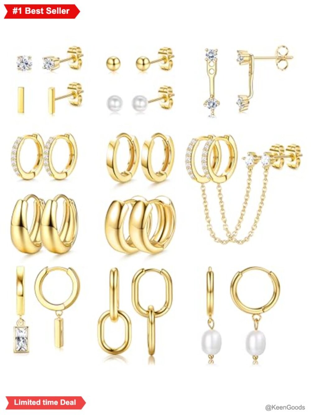 13 Pairs Stud Hoop Earrings Set for Women, 14K Gold Plated Surgical Steel